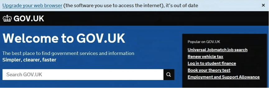 Image of a web browser accessing GOV.UK and getting an upgrade warning.