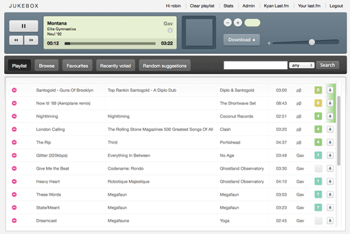 The interface to our jukebox, showing the controls, status and playlist.