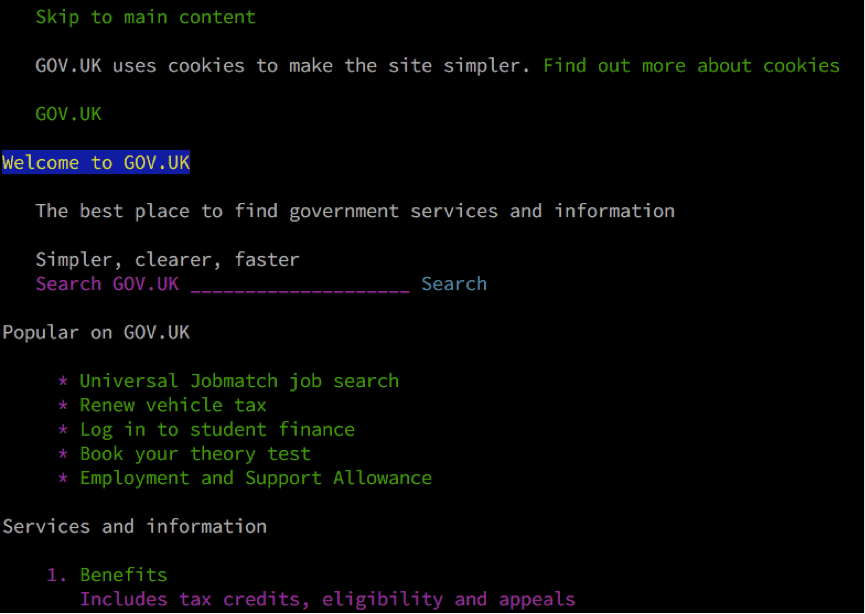 An screenshot of the web browser Lynx accessing GOV.UK.