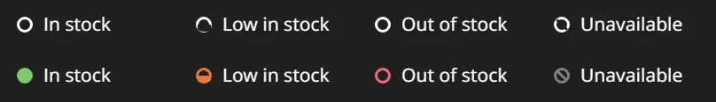 The top row of the image shows the different stats of the broken status indicators, which generally look like a white circle sometimes overlaid with black lines. The bottom row shows the fixed status indicators, which have specific colours and patterns that match those outside of high contrast mode.